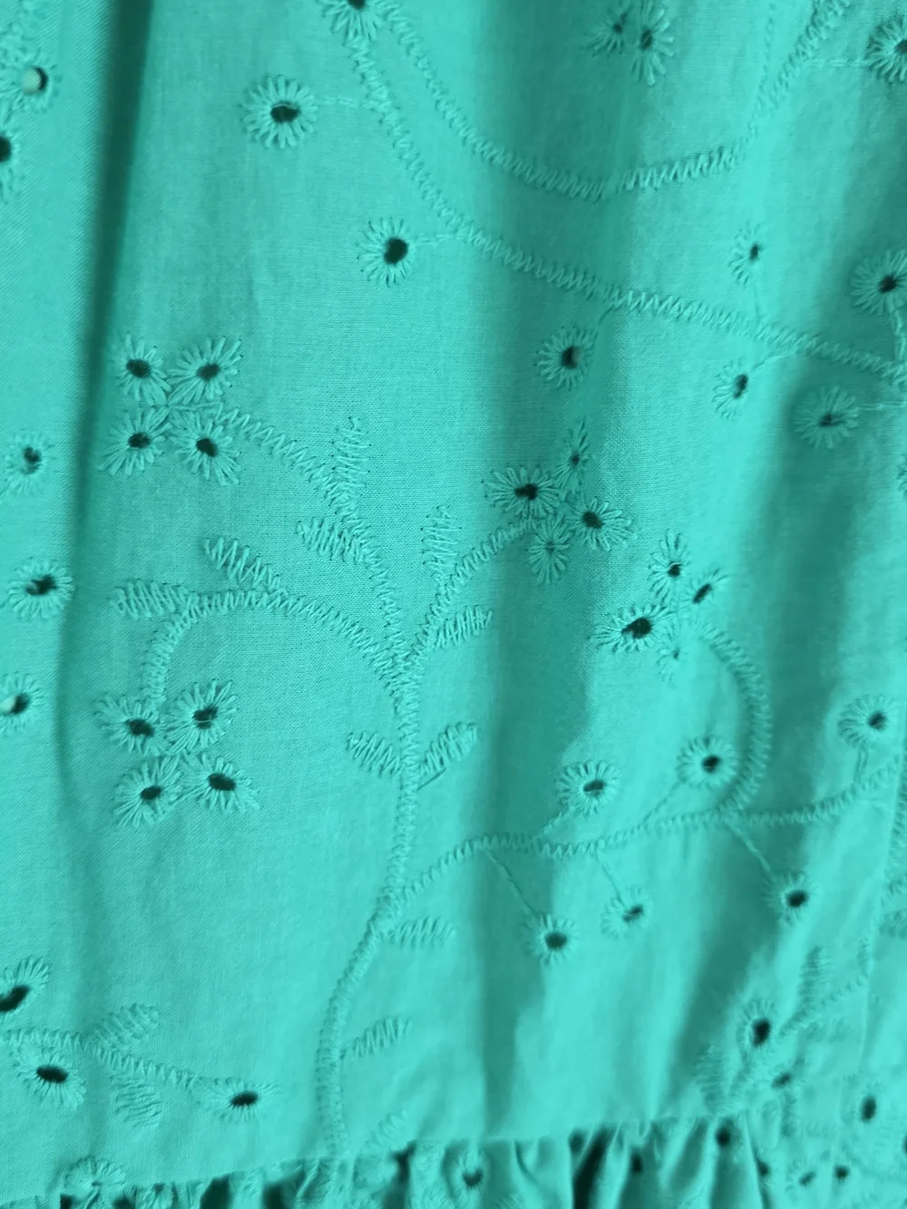 Maggie London Green Eyelet Ruffle Sleeve V-Neck Dress.
